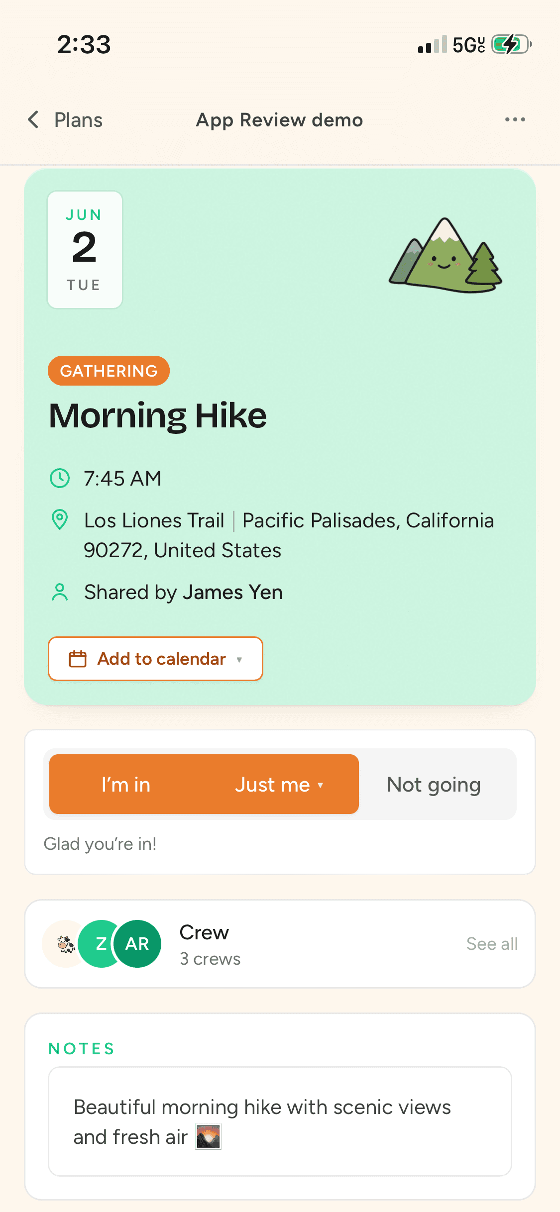 An event in Gather with a one-tap RSVP and the attending crew