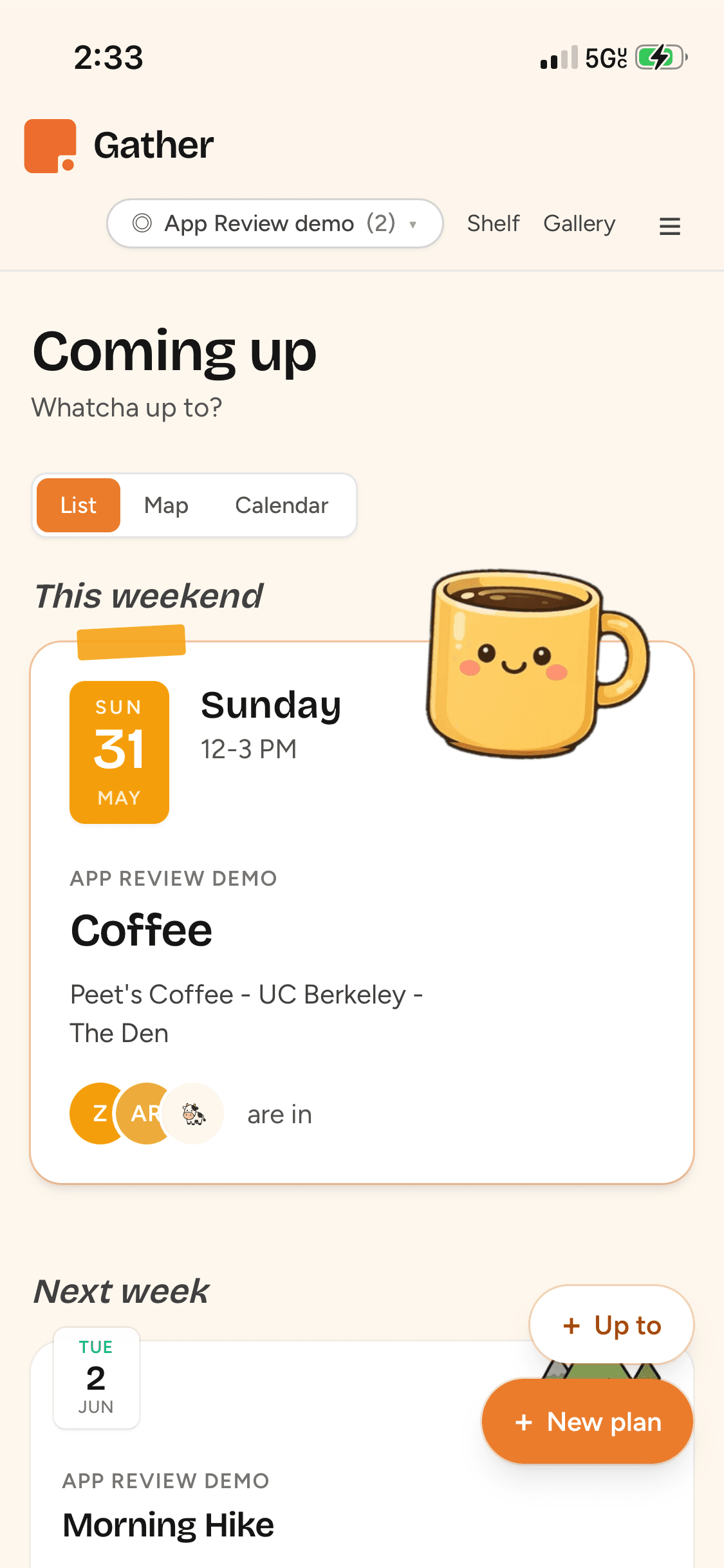 Gather home screen listing the plans coming up this week